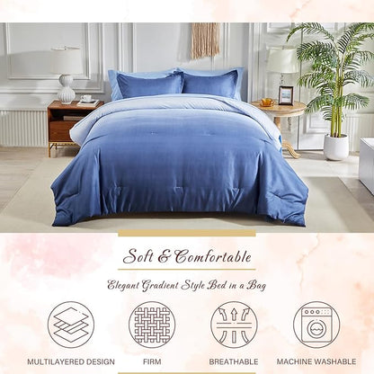 Navy and Light Blue Gradient Comforter Set Queen Size 7 Pieces Elegant Ombre Bed in a Bag - Reversible All Season Bedding Set with Comforter, Flat Sheet, Fitted Sheet, 2 Pillowcases & 2 Pillow Shams