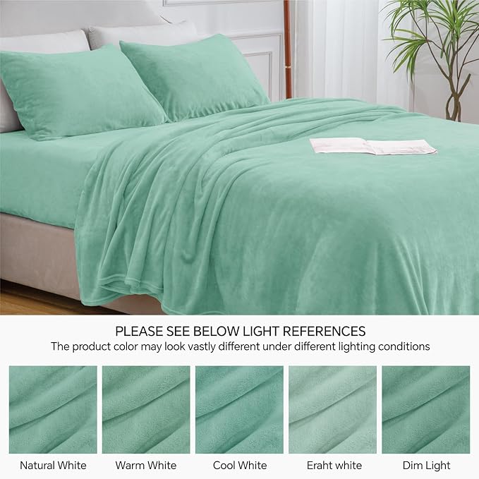 BEDELITE Flannel Sheets Queen Size Haze Blue - Super Soft Fleece Sheets Set Fluffy Extra Plush, 4 Piece(Include Fitted Sheet, Flat Sheet, 2 Pillowcases)