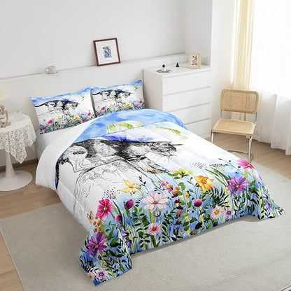 Erosebridal Cat Comforter Colorful Flower Bedding Set Cute Pet Animal Down King Butterfly Floral Leaves Plant Duvet Black and White Kawaii Farmhouse Room Decor Blue 3Pcs Warm Soft