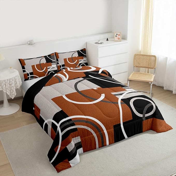 Geometric Swirls Comforter Set Brown Gray Black Duvet Insert Circles Rings Square Bedding Sets Striped Lines Down Comforter Modern Minimalist Quilted Duvet Chic Graphic Artwork Comforter, King Size