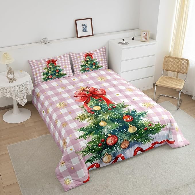 Watercolor Christmas Tree Comforter Set Full Size,Pink Grid Patchwork Bedding Set 3Pcs for Kids Girls Boys Women Room Decor,Gold Snowflake Quilt Set Winter New Year Duvet Insert,2 Pillowcases
