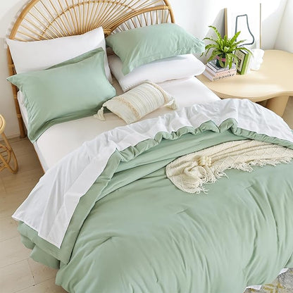 weigelia King Size Comforter Set Boho Sage Green Comforter Set Bed in a Bag Bedding Set 7 Pieces King Comforter Set with Sheets - Reversible Soft Microfiber Comforter for All Season