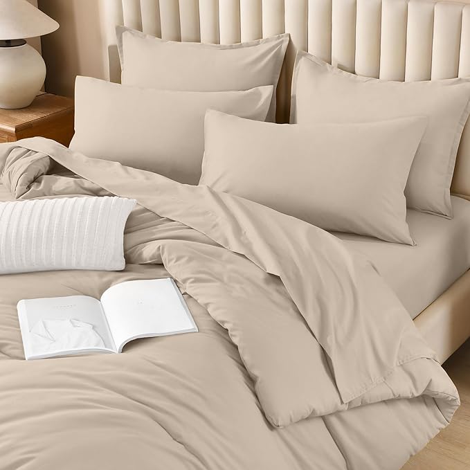Litanika Comforter Full Size Set Khaki - 7 Pieces Bed in a Bag Full Bedding Comforter Sets, Plain Lightweight Bed Set with Comforter, Sheets, Pillowcases & Shams