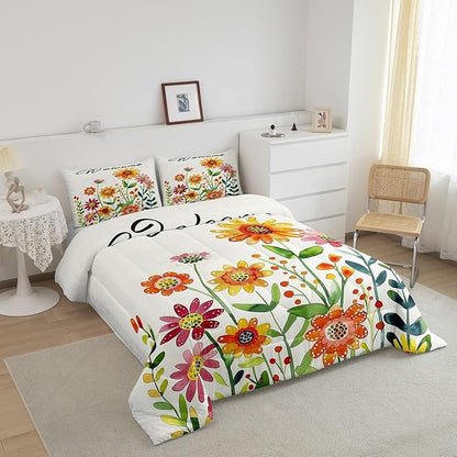 Erosebridal Sunflower Daisy Bedding Set for Kids Rustic Flowers King Comforter Set for Boys Girls,Watercolor Country Farmhouse Floral Bedding Comforter Sets Cute Cartoon Garden Botanical Bed Set