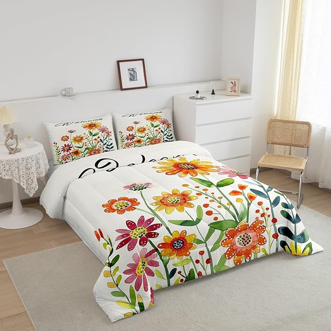 Erosebridal Sunflower Daisy Bedding Set for Kids Rustic Flowers Full Comforter Set for Boys Girls,Watercolor Country Farmhouse Floral Bedding Comforter Sets Cute Cartoon Garden Botanical Bed Set