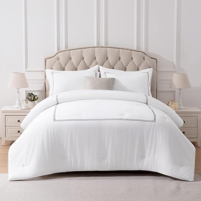 SLEEP ZONE Luxury Hotel Bedding Comforter Set 3-Piece Machine Washable, Lightweight Down Alternative Duvet Insert with Embroidered Stripes, Queen (90" x 95"), Grey Strips
