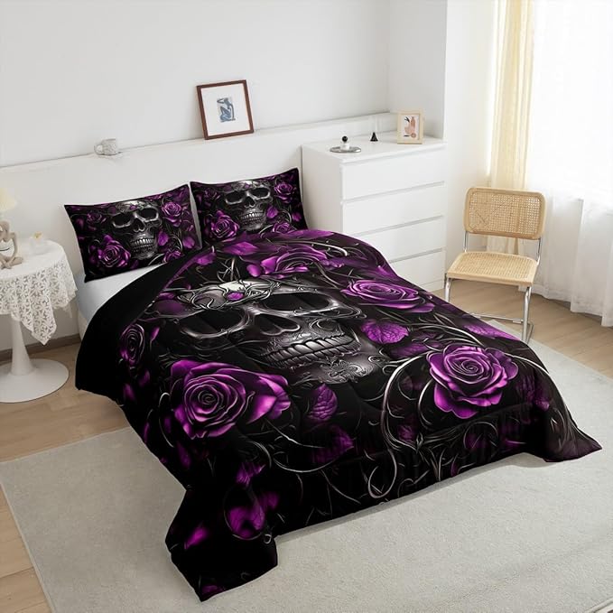 Erosebridal Adults Gothic Comforter Set Bohemian Boho Goth King Bedding Set Vintage Skull Bed Sets Violet Red Rose Baroque Victorian Romantic Rose Duvet Insert,Halloween Gothic Bedroom Decor