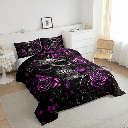 Erosebridal Adults Gothic Comforter Set Bohemian Boho Goth Queen Bedding Sets Vintage Skull Bed Sets Violet Red Rose Baroque Victorian Romantic Rose Duvet Insert,Halloween Gothic Bedroom Decor