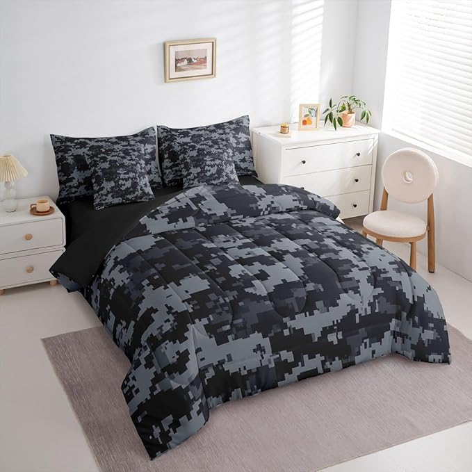 Miner Theme 7 Piece Comforter Sets King Size,Grey Black Camo All Season Reversible Bed in a Bag Pixel Grid Bedding Sets Abstract Geometric Flat Sheet,Fitted Sheet,Pillowcases
