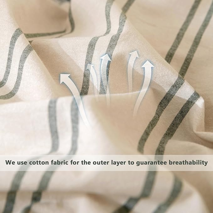 VM VOUGEMARKET Greyish-Green Striped Comforter Set Queen Modern Comforter with 2 Pillowcases Soft Lightweight Washed Cotton Bedding Set Bed in a Bag Queen Comforter Set for Teens Adults