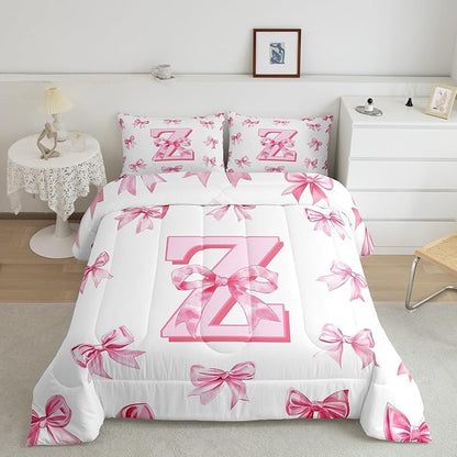 Erosebridal Kawaii Letter Z Bowknot Girls Bedding Set Dreamy Princess Style Queen Comforter Set for Kids Teen Women,Cute Initial Letter Z Bow Bedding Comforter Sets Pink Chic Girly Bed Set