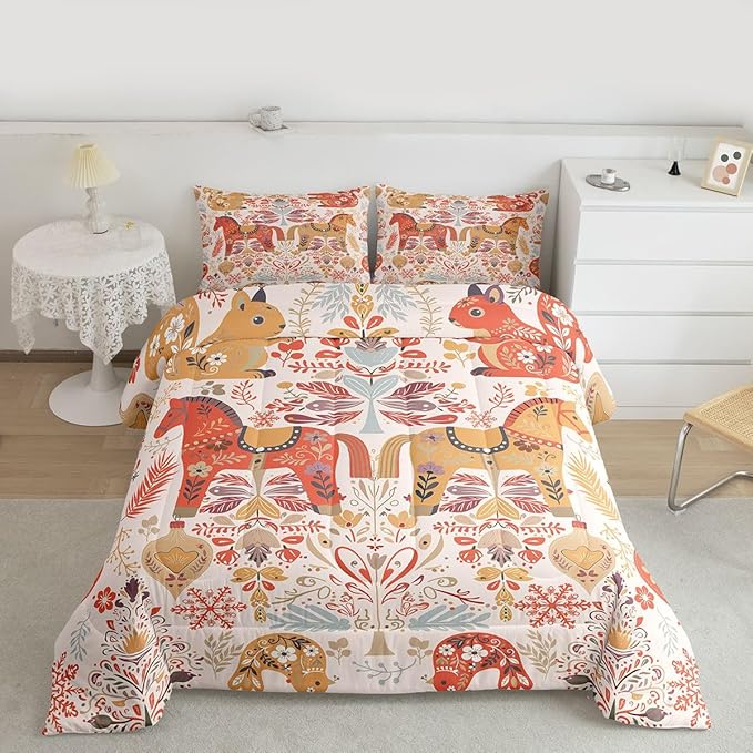 Flower Horse Bedding Sets Full Size,Rustic Farmhouse Comforter Set 3Pcs for Kids Girls Boys Women Room Decor,Boho Squirrel Bird Quilted Duvet Xmas Bells Snowflake Down Comforter,2 Pillowcases
