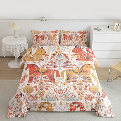 Flower Horse Comforter Set King Size,Rustic Farmhouse Bedding Sets 3Pcs for Kids Girls Boys Women Room Decor,Boho Squirrel Bird Quilted Duvet Xmas Bells Snowflake Down Comforter,2 Pillowcases