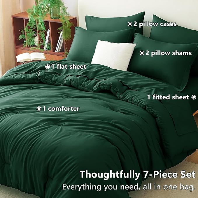 CozyLux Queen Comforter Set Emerald Green, 7 Pieces Bed in a Bag Bedding Comforter Set with Sheets, All Season Boho 7PC Bed Set with Comforter, Fitted Sheets, Flat Sheets, Pillow Shams and Pillowcases