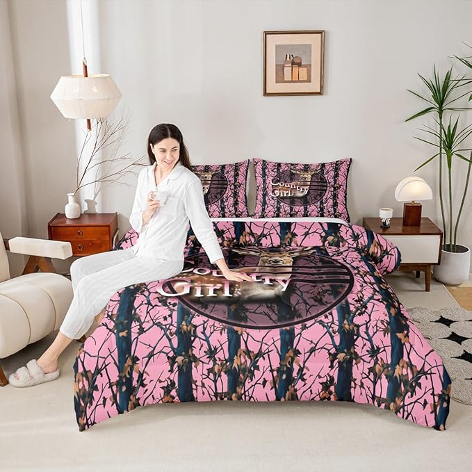 Erosebridal Hunting Deer Twin Comforter Set,Pink Camo Rustic Bedding Sets for Girls Boys Kids,Cabin Lodge Farmhouse Quilt Bed Set,Camouflage Hunter Room Decor with 1 Pillowcase,Lightweight