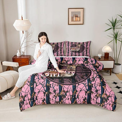 Erosebridal Hunting Deer Twin Comforter Set,Pink Camo Rustic Bedding Sets for Girls Boys Kids,Cabin Lodge Farmhouse Quilt Bed Set,Camouflage Hunter Room Decor with 1 Pillowcase,Lightweight