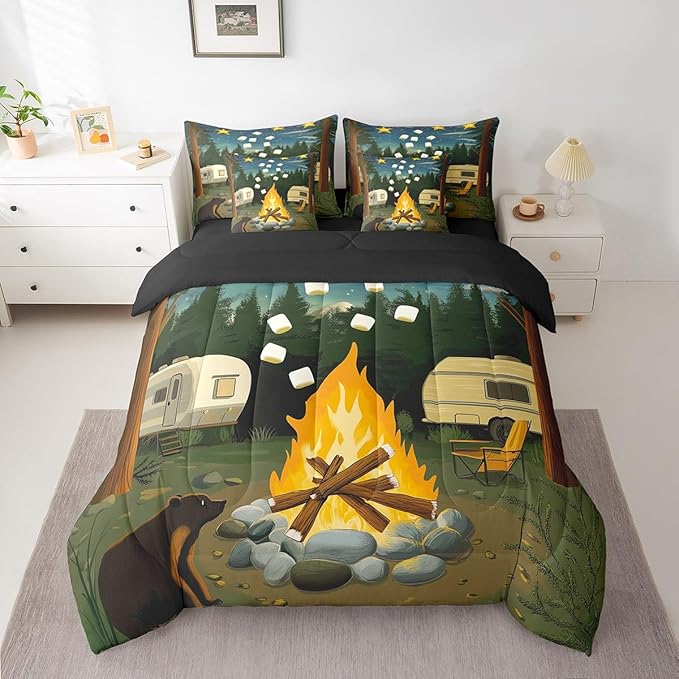 Erosebridal Rv Camper King Bedding Set, Happy Camping Bed in A Bag,Wild Campfire Comforter Sets with Sheets, Rustic Starry Night 7 Pieces Bed Set Bedroom Decor