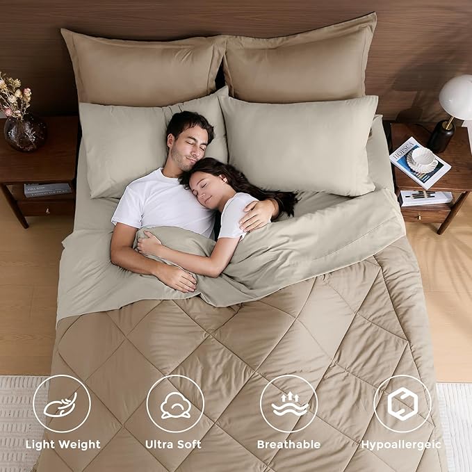 HEVUMYI Khaki & Linen Twin Comforter Set - 5-Piece All Season Bed in a Bag Twin, Ultra Soft Bedding Set with Comforter, Flat Sheet, Fitted Sheet, Pillowcases, Pillow Shams