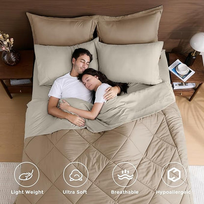 HEVUMYI Khaki & Linen Twin Comforter Set - 5-Piece All Season Bed in a Bag Twin, Ultra Soft Bedding Set with Comforter, Flat Sheet, Fitted Sheet, Pillowcases, Pillow Shams
