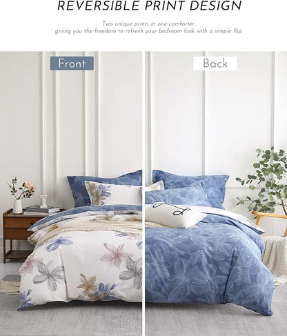 Natural Cotton 3pcs Floral Comforter Sets Queen Size - Grayish White Comfoter with Blush & Tan Floral Print, Aegean Blue Reverse, Vintage Lightweight Bedding Sets(Queen 90"×90")