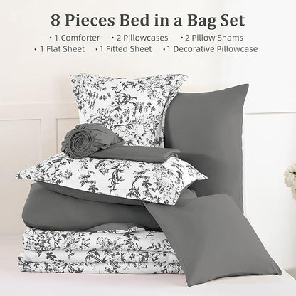 WONGS BEDDING King Size Comforter Set, 8 Pieces Grey Floral Bed in a Bag Comforter Sets, Botanical Print Soft Fluffy Microfiber Complete Bedding Sets for All Season (90"x104")