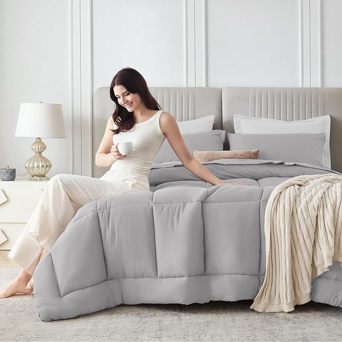 Sasttie Twin XL Comforter Set, 5 Pieces Reversible Twin XL Bed in a Bag, Complete Bedding Set Includes Comforter, Flat Sheet, Fitted Sheet, Pillowcase and Pillow Sham, Ivory & Light Grey