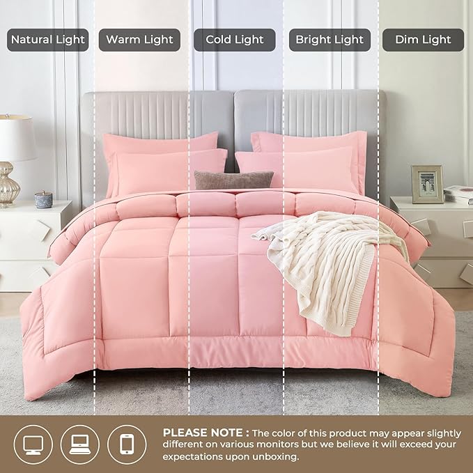 Sasttie Queen Comforter Set, Pink 7 Pieces Bed in a Bag Queen, Complete Bedding Set Includes Comforter, Flat Sheet, Fitted Sheet, Pillowcases and Pillow Shams, Pink