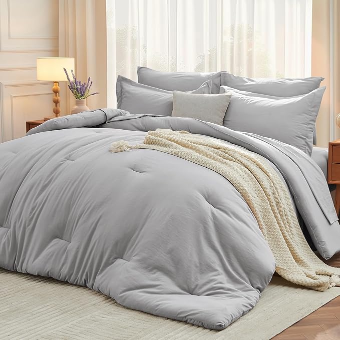 MUXHOMO 7 Pieces Full Comforter Set, Soft Bed in a Bag Full Size, All Season Bedding Set with Comforter, Flat Sheet, Fitted Sheet, Pillowcases & Shams, Light Grey