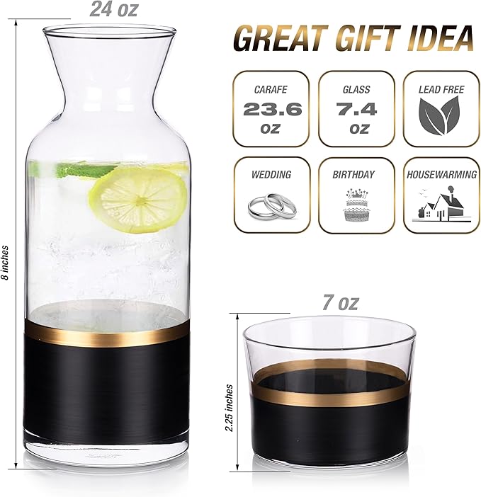 GARIZZE Bedside Water Carafe and Glass Set for Bedroom, Bedside Carafe and Glass Set, Mouthwash Decanter for Bathroom, Water Carafe with Glass Cup for Nightstand (24-oz/7-oz) (BLACK GOLD)Standard Pack