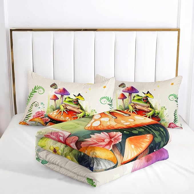 Frog Comforter Set King Size,Botanica Mushroom 3 Piece Bedding Set for Kids,Cartoon Comforter for Room Decor Cute Decor Beige Red Duvet Set King Size 3Pcs Quilt Set