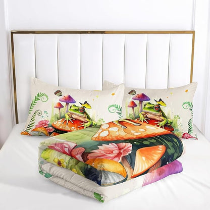 Frog Comforter Set King Size,Botanica Mushroom 3 Piece Bedding Set for Kids,Cartoon Comforter for Room Decor Cute Decor Beige Red Duvet Set King Size 3Pcs Quilt Set