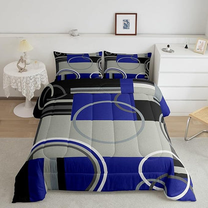 Erosebridal Dark Blue Black Gray Comforter Set Queen Modern Swirls Striped Bedding Set Abstract Circles Rings Duvet Set Geometric Plaid Comforter Gromment Spiral Graphic Art Down Comforter Room Decor