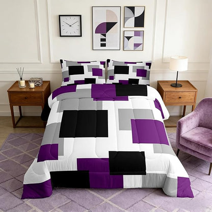 Castle Fairy Purple Black White Grid Twin Size Comforter Set,Geometric Square Splicing Quilt Set Soft Bed Collection,Modern Abstract Bedding Comforter for Boys Girls Room Decor,2 Pcs