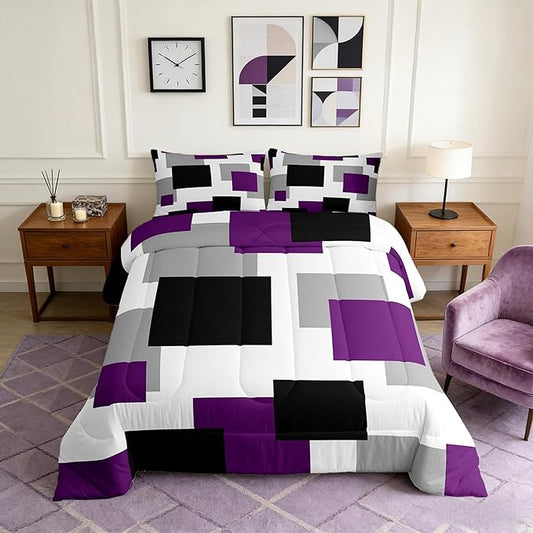 Castle Fairy Purple Black White Grid Kids Comforter Set,Geometric Square Splicing Bedding Set All Season,Modern Abstract Comforter 2 Pcs with 1 Pillowcase,Toddler Size