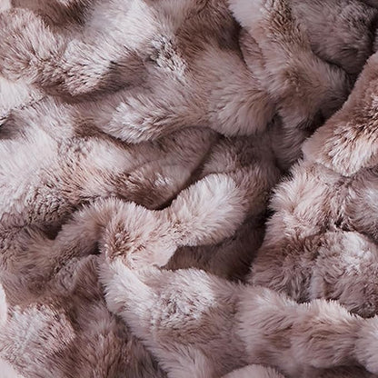 Lotus Karen Faux Fur Queen Comforter Set – Big Bubble Faux Rabbit Fur Fluffy Beige Comforter Queen Size, Winter Warm Cozy Fuzzy Bed Set 3 Pieces, 1 Comforter and 2 Pillowcases