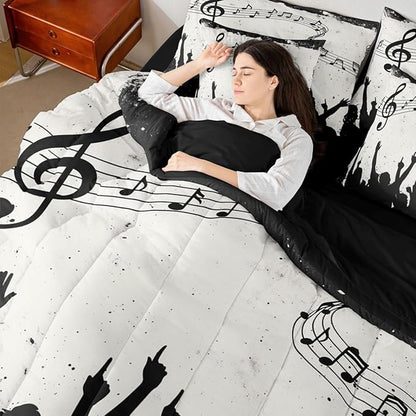 Erosebridal Music Stave Note Black Beige King 7-Piece Comforter Set | Swirl Guitar Piano Sheets and Pillowcases Aesthetic Kids Bed in A Bag Adults Women Men Bed Sets