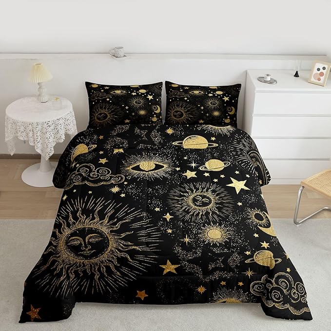 Erosebridal Star Moon Bedding Set King Size,Starry Sky Series Comforter Set Kids Child,Cosmic Planets Sun Face Pattern Duvet Insert Boys Girls,Hippie Quilted Duvet,Soft Living Bedroom Decor