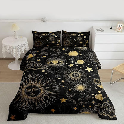 Erosebridal Star Moon Bedding Set Full Size, Starry Sky Series Comforter Set Kids Child, Cosmic Planets Sun Face Pattern Duvet Insert Boys Girls, Hippie Quilted Duvet, Soft Living Bedroom Decor