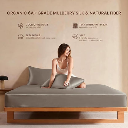 THXSILK Luxury Mulberry Silk Fitted Sheet Set 3 Pcs, King Silk Bed Sheet Set with 16" Deep Pockets, Soft & Cooling Sheets, 1 Fitted Sheet, 2 Pillowcases with Zipper Closure - Charcoal