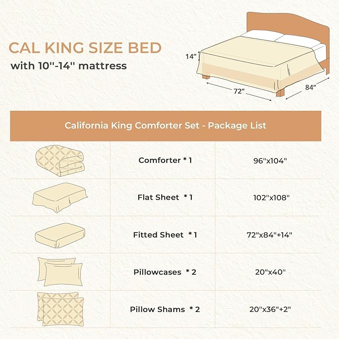 Sasttie California King Comforter Set, 7-Piece Bed in a Bag Cal King, Pintuck Bedding Set for All Season, Includes Comforter, Flat Sheet, Fitted Sheet, Pillowcases and Pillowshams, Beige