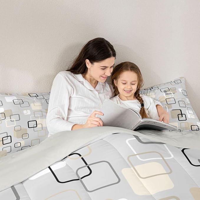Erosebridal Minimalist Geometric Square Bedding Set Queen Mid-Century Plaid Comforter Set for Kids Girls Boys Neutral Gray Beige Abstract Down Comforter Modern Checkered Quilt Duvet