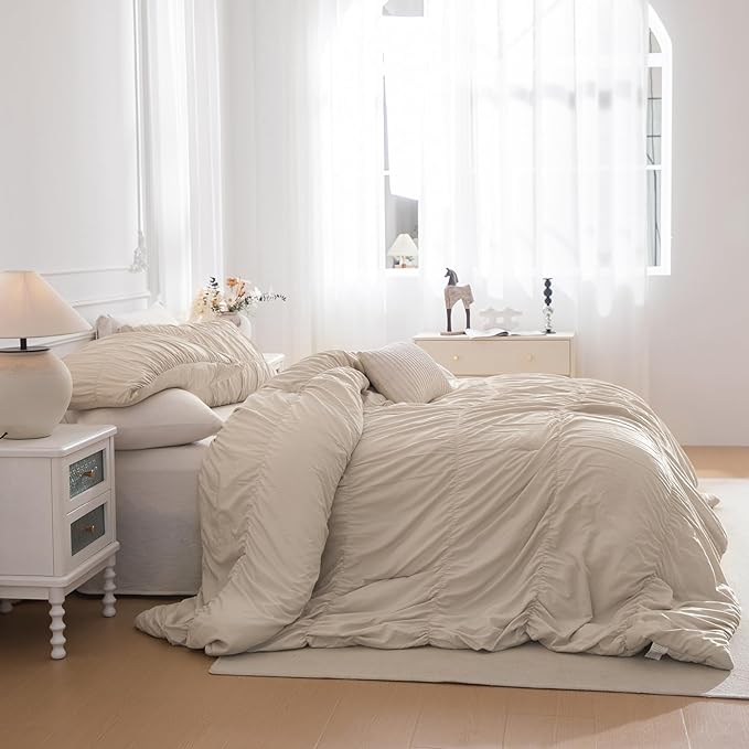 Masaca King Size Comforter Set(106"x95"),Wheat Ruched Bedding Comforter,Farmhouse Shabby Boho Chic Bedding 3 Pieces Lightweight Ruffle Textured Cal King Bed Comforter for All Season