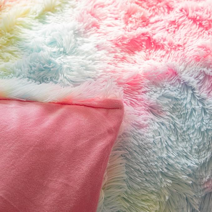 chovy Faux Fur Plush Tie-Dyed Colorful Pink Comforter Sets Full/Queen - Ultra Soft Shaggy Flannel Velvet Fluffy Fuzzy 3PC Bedding Set （Comforter x 1 Pillowcases x 2）