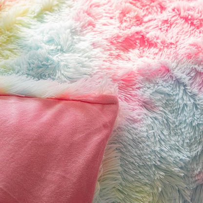 chovy Faux Fur Plush Tie-Dyed Colorful Pink Comforter Sets Full/Queen - Ultra Soft Shaggy Flannel Velvet Fluffy Fuzzy 3PC Bedding Set （Comforter x 1 Pillowcases x 2）