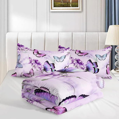 Lavender Butterfly Comforter Set for Girl Kid Adult Colorful Butterfly Pattern Bedding Set Aesthetics Butterflies Quilt Bed Set Full Size with 1 Comforter and 2 Pillowcases