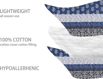 Homzard Quilt Bedding Set King Size,100% Cotton King Size Comforter Set,Gray Blue Quilts Bedspread for The Bed, Striped Farmhouse Lightweight Bedding (106 * 98 Inch) and 2 Pillow Shams All Season