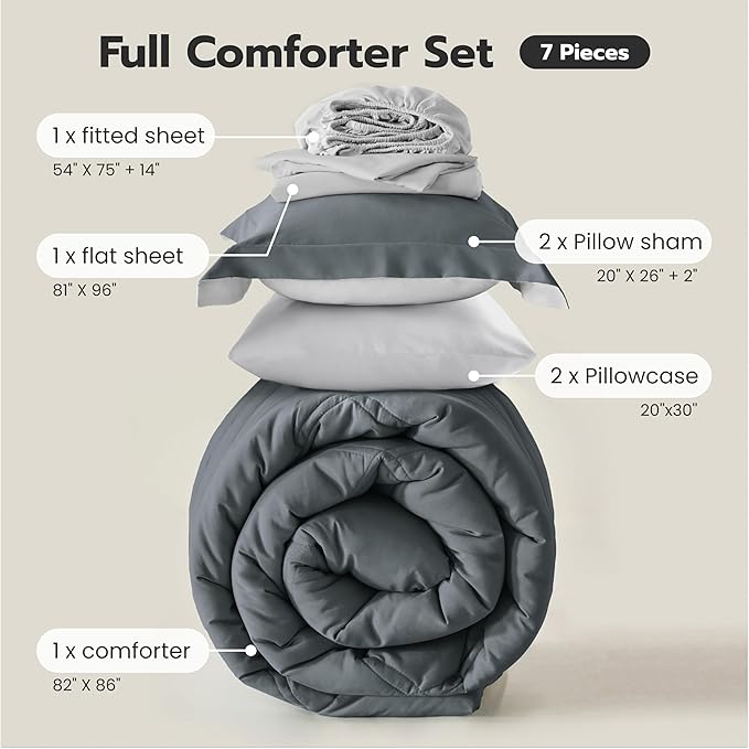 Joiedomi Full Size Comforter Set with Sheets Dark Grey, 7 Pieces Full Size Bed Set with 1 Down Alternative Comforter, 1 Flat Sheet, 1 Fitted Sheet, 2 Pillowcases and 2 Pillow Shams, Bed in a Bag