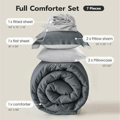 Joiedomi Full Size Comforter Set with Sheets Dark Grey, 7 Pieces Full Size Bed Set with 1 Down Alternative Comforter, 1 Flat Sheet, 1 Fitted Sheet, 2 Pillowcases and 2 Pillow Shams, Bed in a Bag