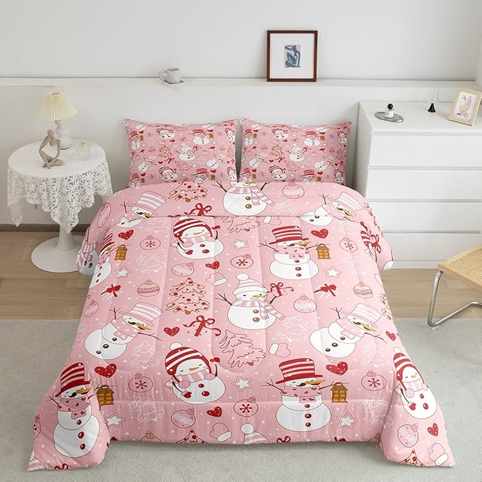 Cute Snowman Comforter Set Kids Twin Size,Cartoon Christmas Tree Bells and Snowflake Pattern Quilt Set Pink White Red Bedding Set for Girls Boys Woman Room Decor,Soft Winter Duvet Insert 2Pcs