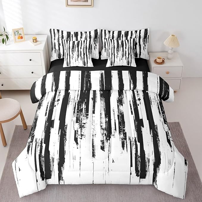 Erosebridal 7Pcs Black and White Boho Queen Comforter Set,Geometric Striped Abstract Bed in A Bag for Women Men Teens,Modern Art Aesthetic Bedding,White and Black Ink Quilt Set with Pillowcases